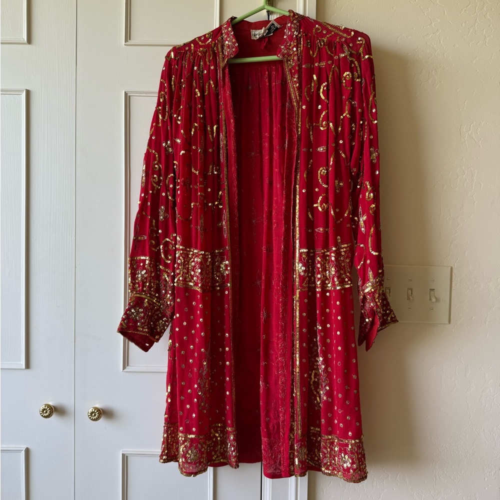 Vintage ESister Max Red and Gold Silk Embellished Long Duster